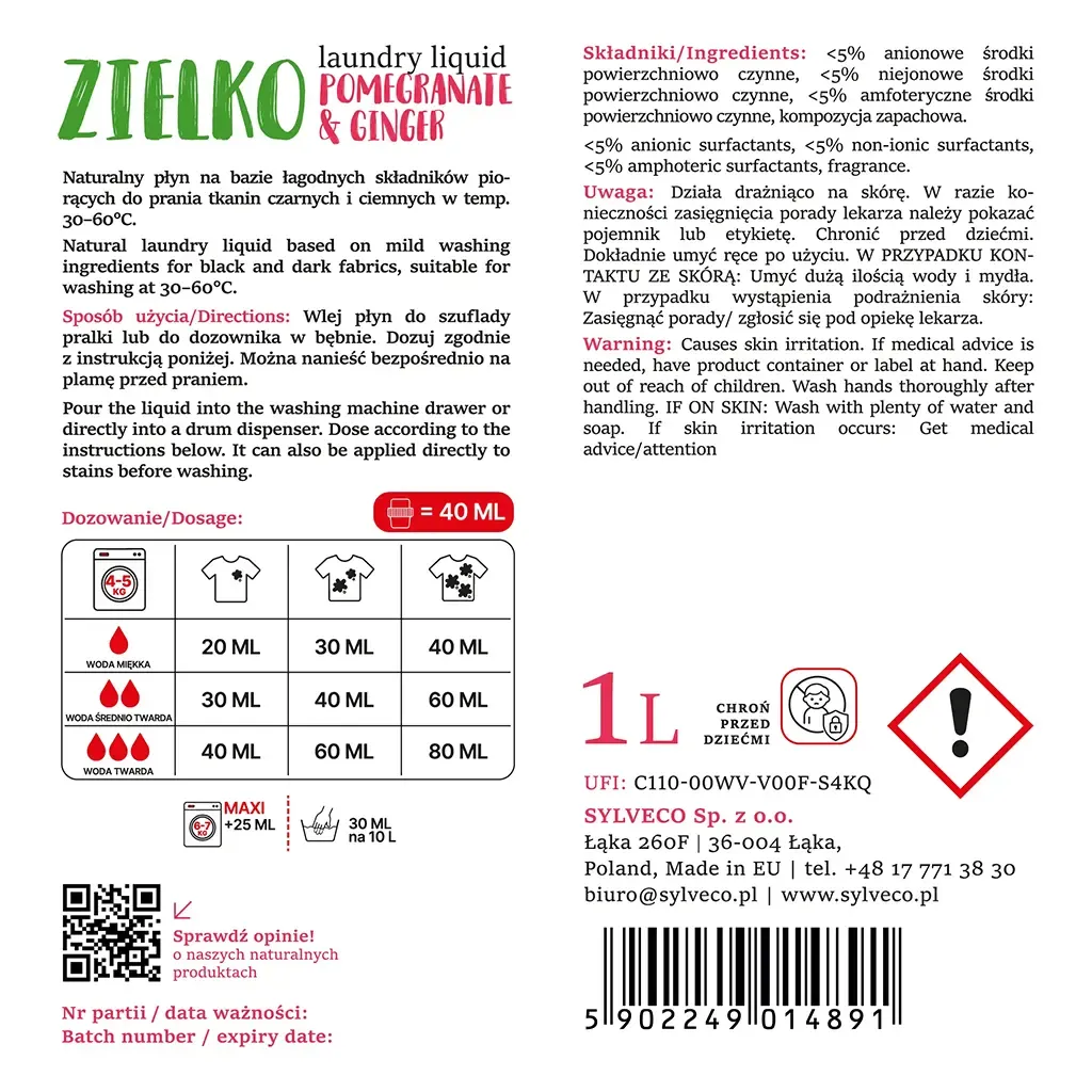 Sylveco Zielko vaskemiddel sort tøj 1L granat ingefær