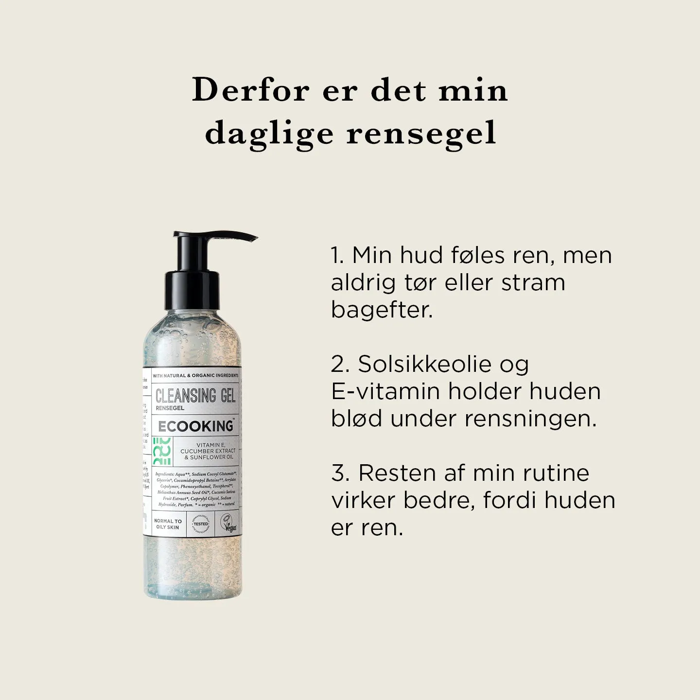 Ecooking Rensegel Cleansing Gel ansigtsrens parfumefri 200 ml til fedtet hud