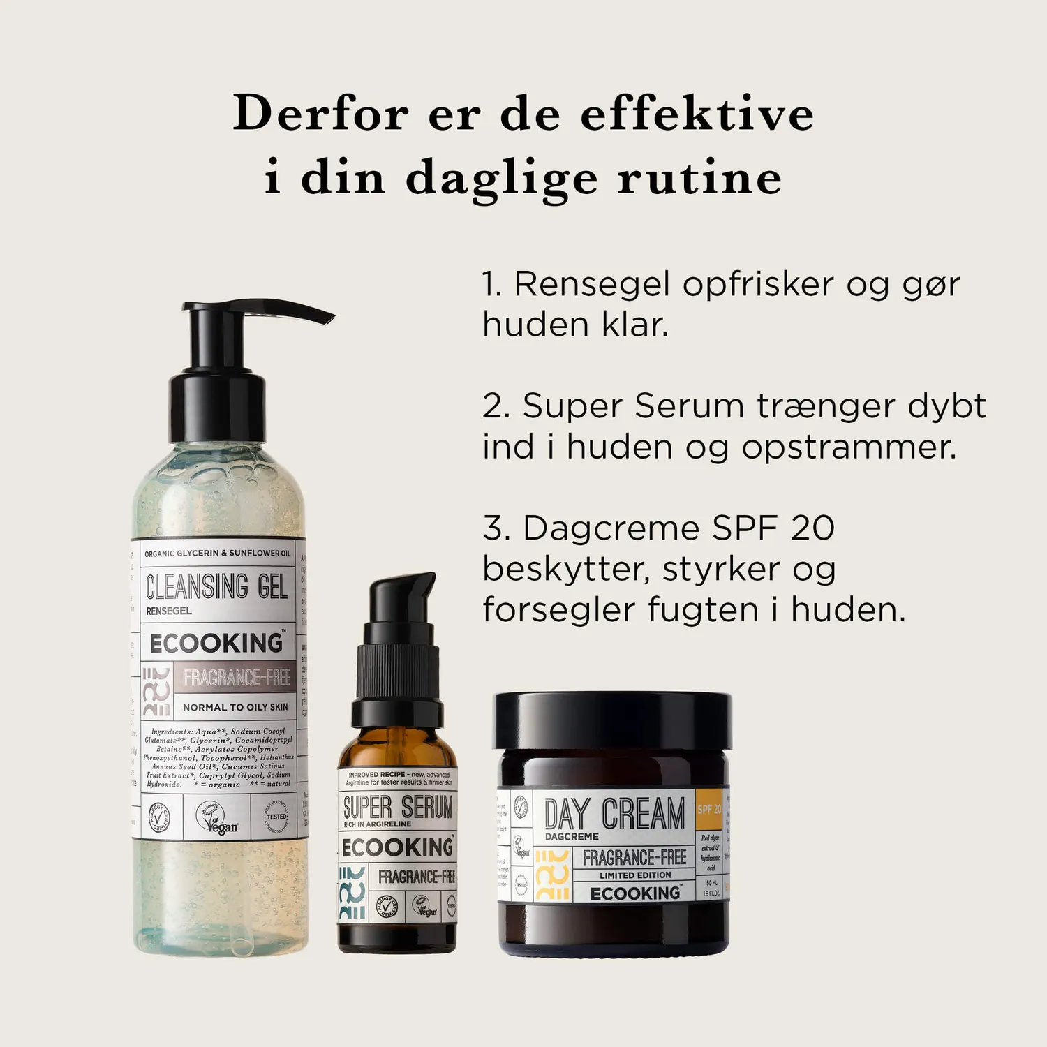 Ecooking Rutine Sæt Parfumefri rens serum dagcreme SPF20